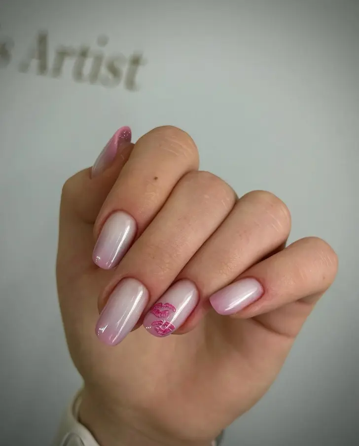 Женственный маникюр с градиентной основой и поцелуем