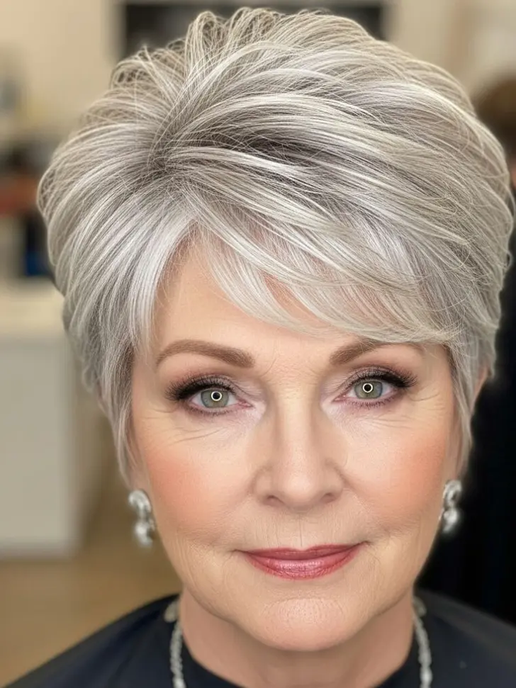 Асимметричная прическа пикси с косой челкой для дам в возрасте