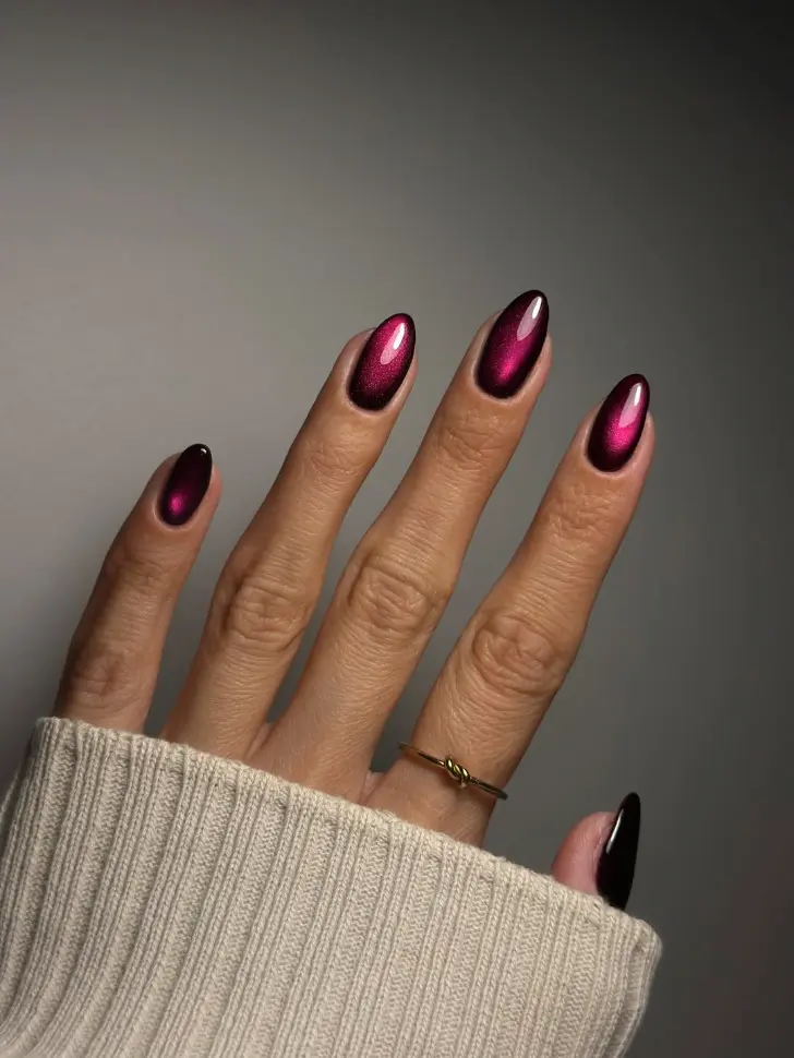 Бордовый маникюр кошачий глаз с черной обводкой подчеркивающий красоту рук