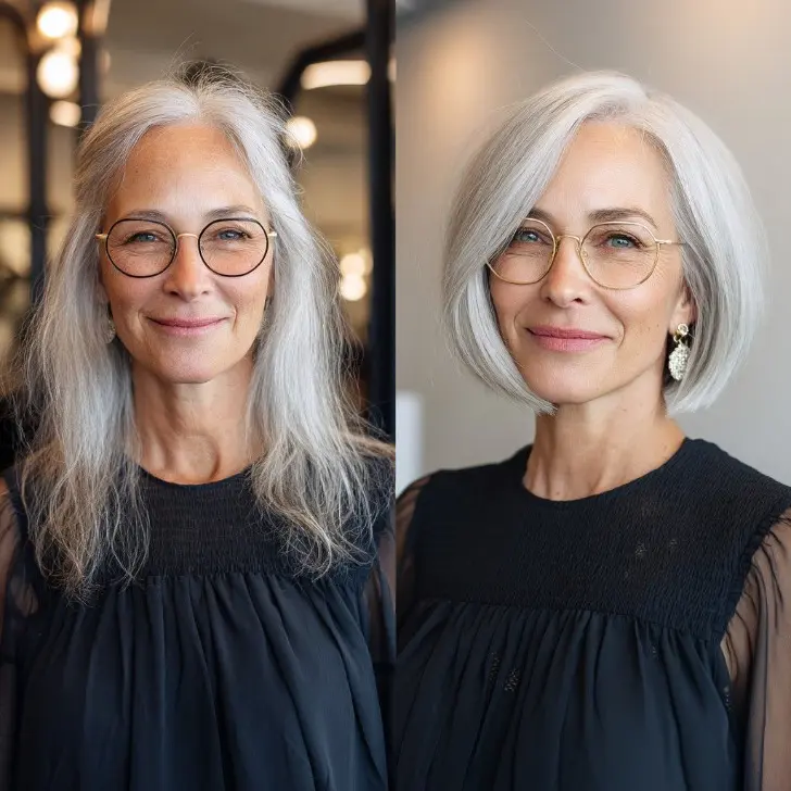 Классическая прическа боб с челкой набок и седыми волосами для дам за 60