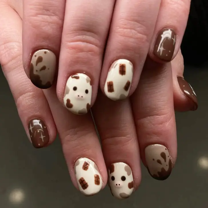 Коричневый маникюр с принтом коровы и блеском звезд