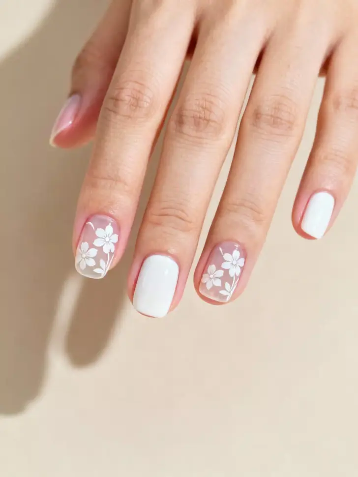 Короткий белый маникюр с изящными ромашками на натуральных ногтях