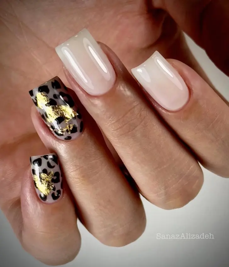 Леопардовый маникюр с золотой фольгой и весенним шиком
