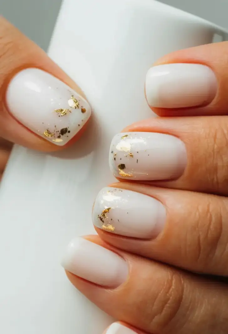 Маникюр с белыми кончиками молочной основой и золотой фольгой