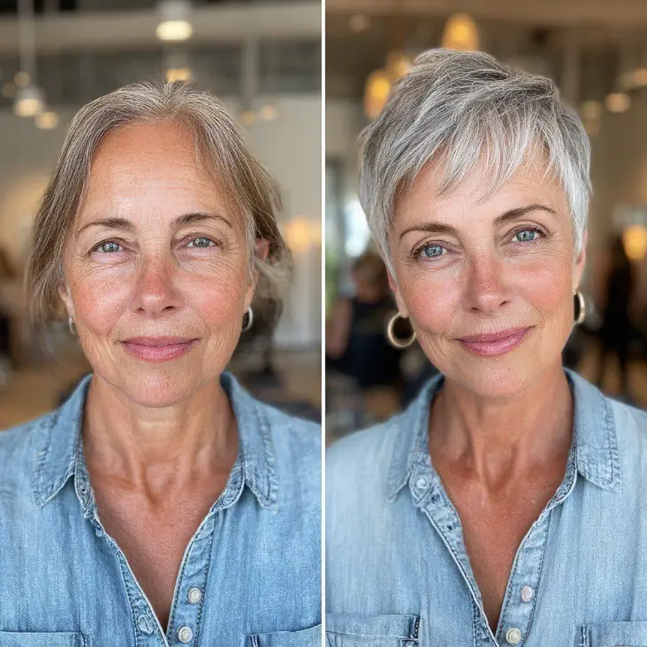 Многослойная короткая прическа пикси с сединой и тонкой челкой для женщин за 60