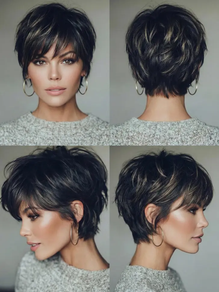 Объемный пикси боб с легким мелированием и тонкой длинной челкой