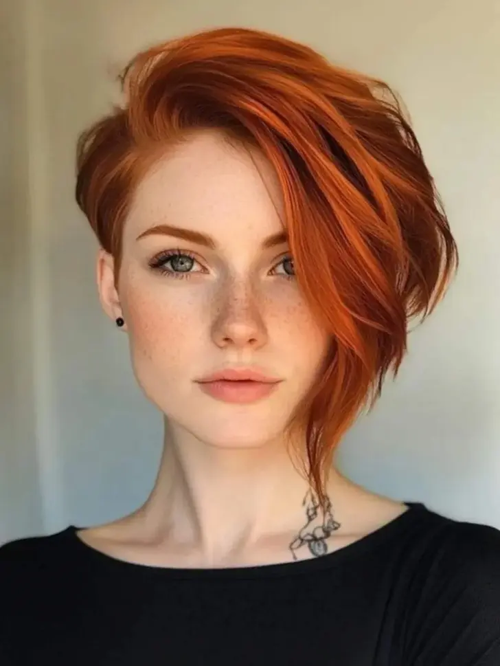 Пикси боб на медных тонких волосах с боковым пробором и многослойной укладкой
