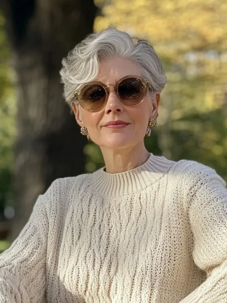 Прическа пикси с глубоким пробором с челкой волной на седых волосах для женщин за 60