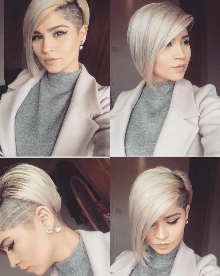 Прическа с длинной косой челкой пробором и подрезом