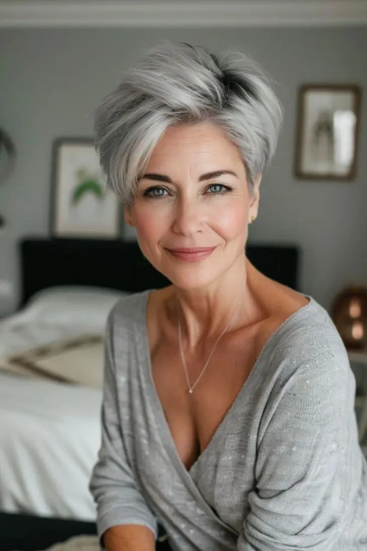 Прическа современная пикси на седых волосах для женщин в возрасте