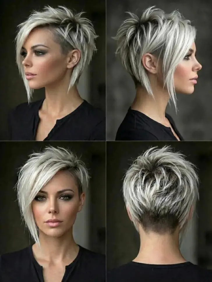 Рок-н-рольная прическа с подрезом боковой челкой и колючими прядями разной длины