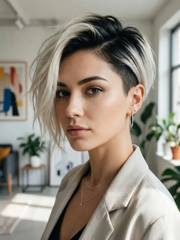 Стрижка пикси боб с длинной боковой челкой и глубоким пробором