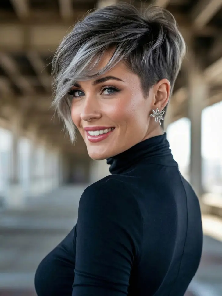 Стрижка пикси боб с мелированием длинной косой челкой объемной макушкой