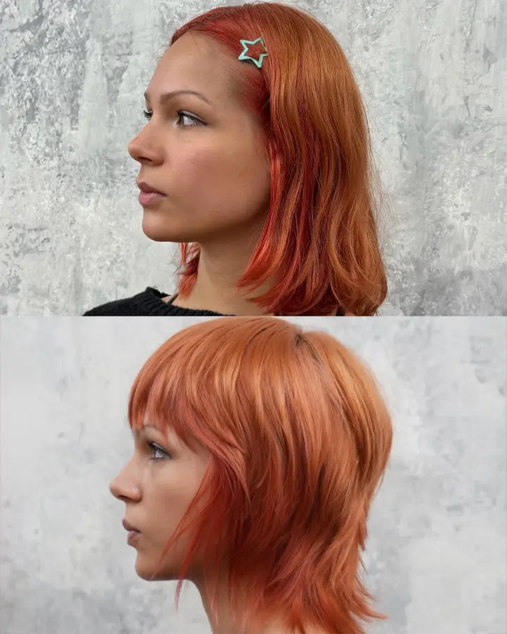 Стрижка шегги с челкой на медных волосах