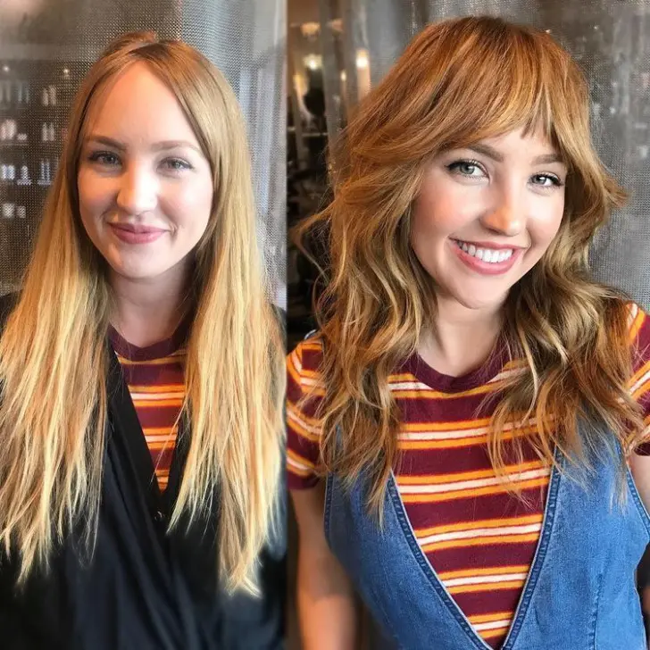 Стрижка шегги с длинными прядями и густой челкой