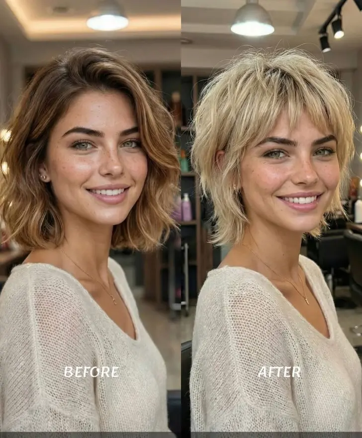 Трендовая шегги боб с тонкой челкой на светлых волосах