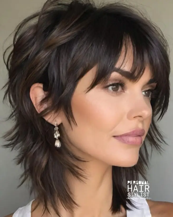 Трендовая стрижка шегги с французской челкой и объемом на макушке