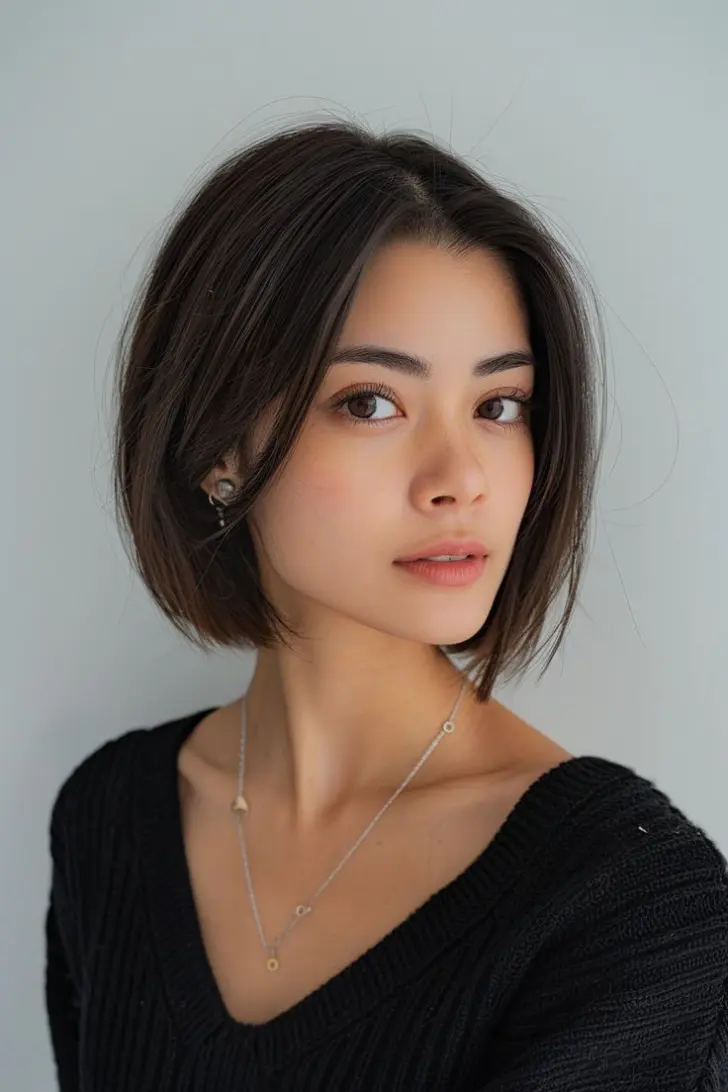 Японское каре с обрамляющей челкой длиною до челюсти