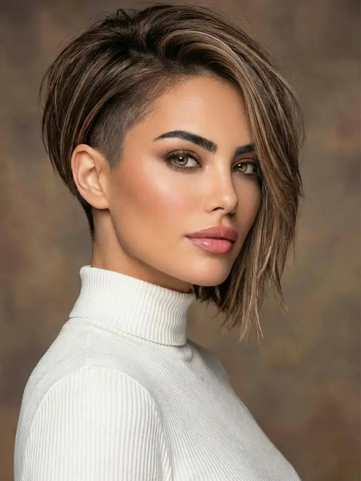 Ярко выраженная стрижка пикси боб с подрезом и длинными тонкими волосами