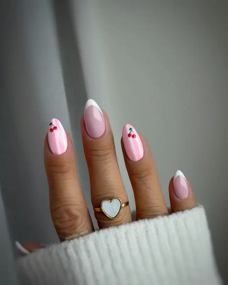 Белый френч на молочной основе с бело розовыми полосами и вишенкой