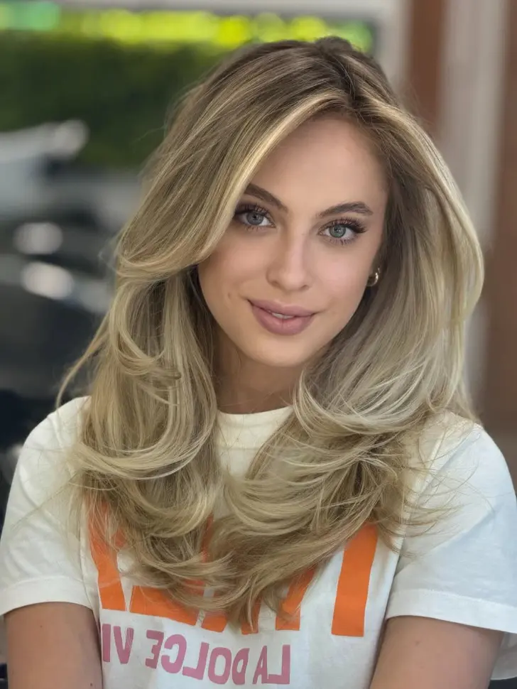 Длинная стрижка бабочка с мелированными прядями и объемом у корней