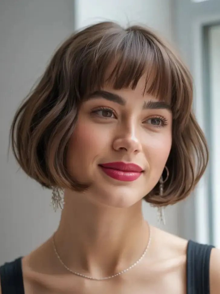 Французский боб с короткой прямой челкой и объемными боками на тонких волосах