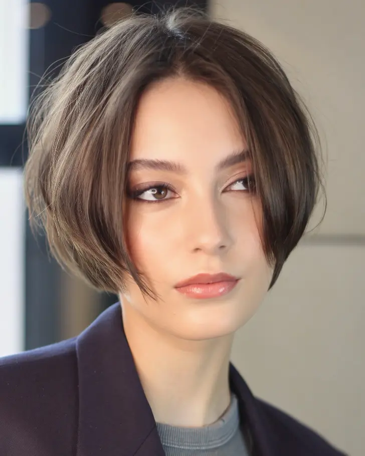 Французский боб с тонкими волосами и облегающей лицо челкой шторкой