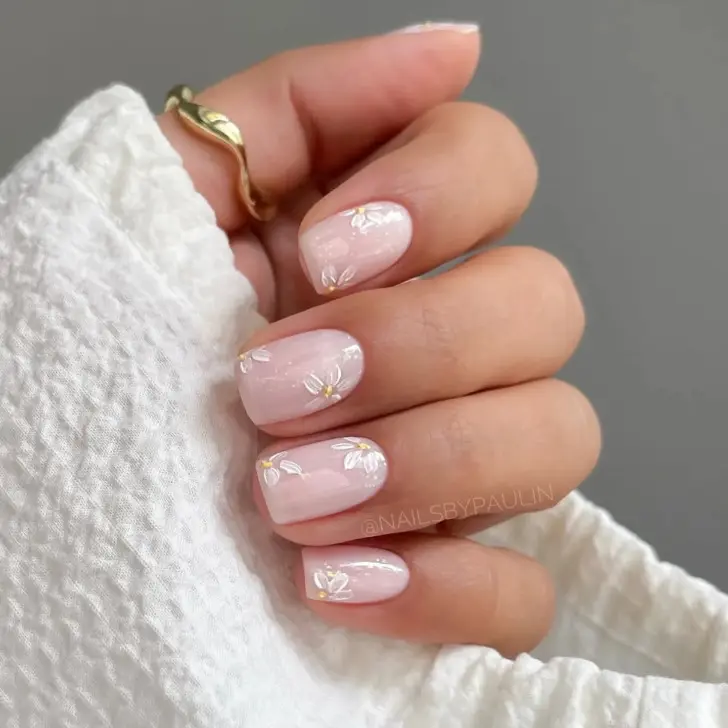 Молочно белый с весенними ромашками на квадратных ногтях