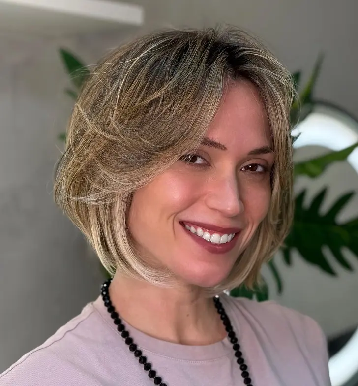 Окутывающая стрижка боб с челкой крыльями и объемом у корней