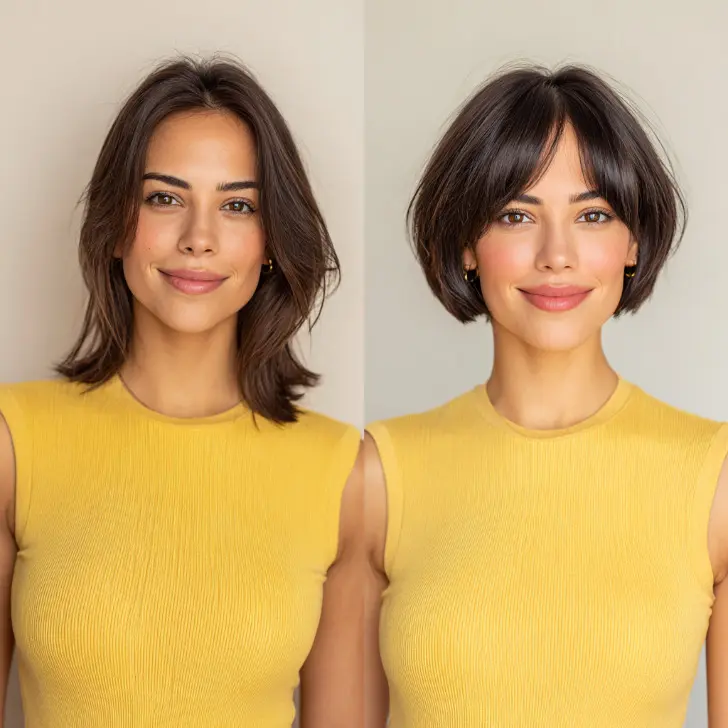 Прическа с лестным освежающим эффектом и стильной челкой шторкой