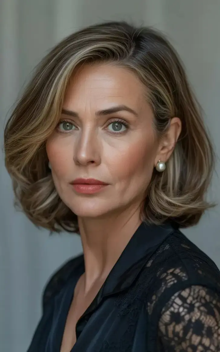 Стрижка боб с тонким мелированием косой челкой и пробором с боку