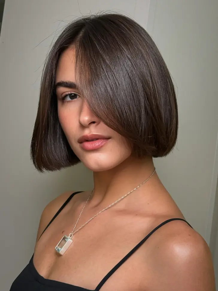 Стрижка каре с прямыми прядями и длинной челкой занавеской